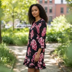 Kate Spade‎ New York Floral Ruffle Dress Black Pink Size L